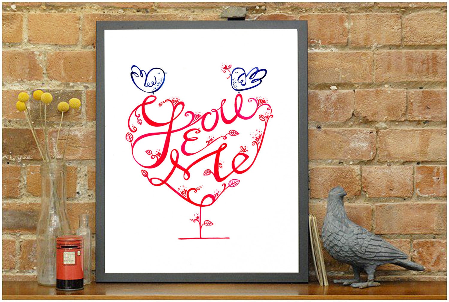 Love Birds Poster "You & Me" Typographic Art Print