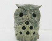 Vintage Owl Candle Holder - 1970s Stoneware Pottery - Moss Green