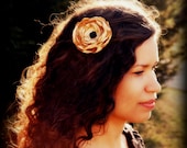 Golden Yellow Burnt (Heat Singed) Lollipop Flower with Black Glass Beads Clip / Brooch Pin