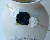 Navy & White Wool Felt Flower Rosettes on Silver Metal Headband - Toddler Girl, Teen, School, Any Occasion, Spring, Summer, Nautical