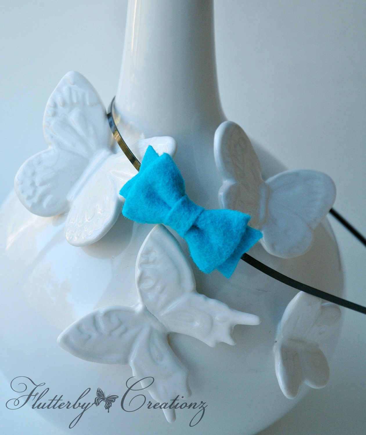 Aqua Blue Wool Felt Bow on Black Metal Headband - Spring, Summer, Birthday Party, School, Any Occasion