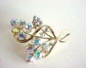 Coro Brooch / Pin - Vintage Yellow Aurora Borealis Stones - Gold Metal - Floral Brooch