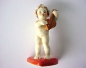 Goebel Cherub Figurine - Vintage M I Hummel 1970s - Boy Playing Instrument Standing On A Heart