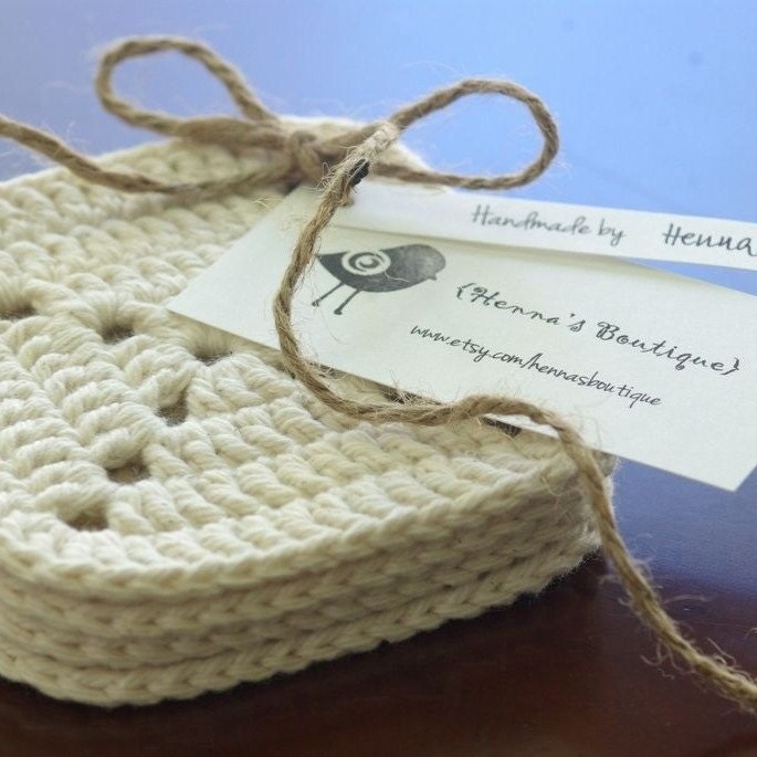 Doily Crochet Coaster Set of 4 - Off White - Square 3 7/8" x 3 7/8" / 10cm x 10cm