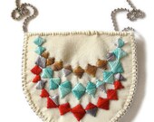 Geometric bib necklace banner bunting triangle embroidered pendant sewn on silver ball chain color block modern jewelry