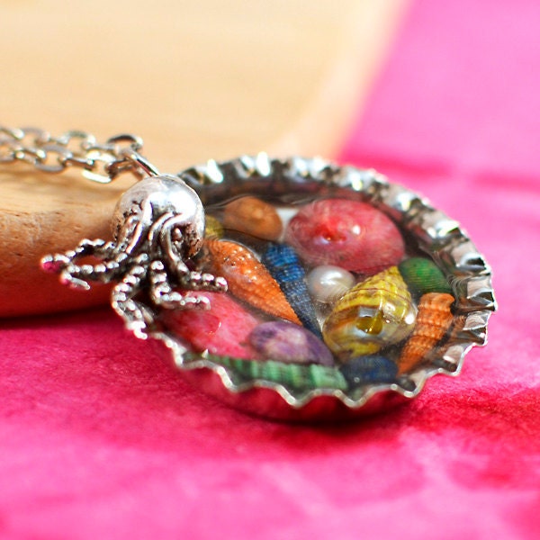 Octopus & Bottle Cap Resin Pendant Necklace - Rainbow Sea Shells and Pearl In Resin Enamel with Little Octopus Charm Dangle, Silver Chain
