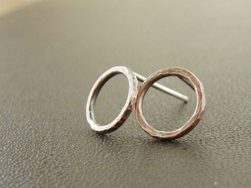 Small circle studs. Textured copper. Gift under 25