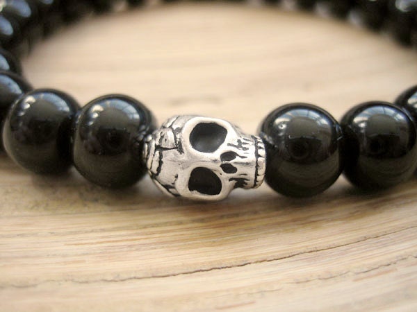 Mens Skull Bracelet - Black Onyx Bracelet, Silver Plated Skull with Black Beads, Rockstar Black Beaded Bracelet, Mens Gift