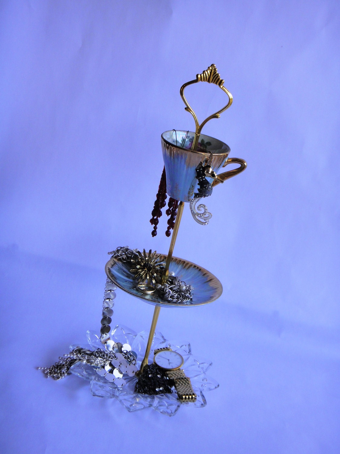 3 Tier Vintage Cake Stand - Jewelry Tidbit - Japan Blue Lustre China - Glass Star plate 1960s