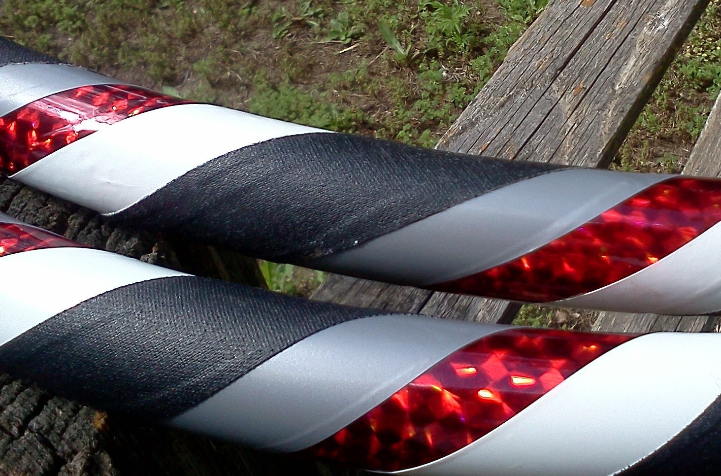 Collapsible Striped Hula Hoop, "The Pirate" red, black, and gray tape, for child or adult