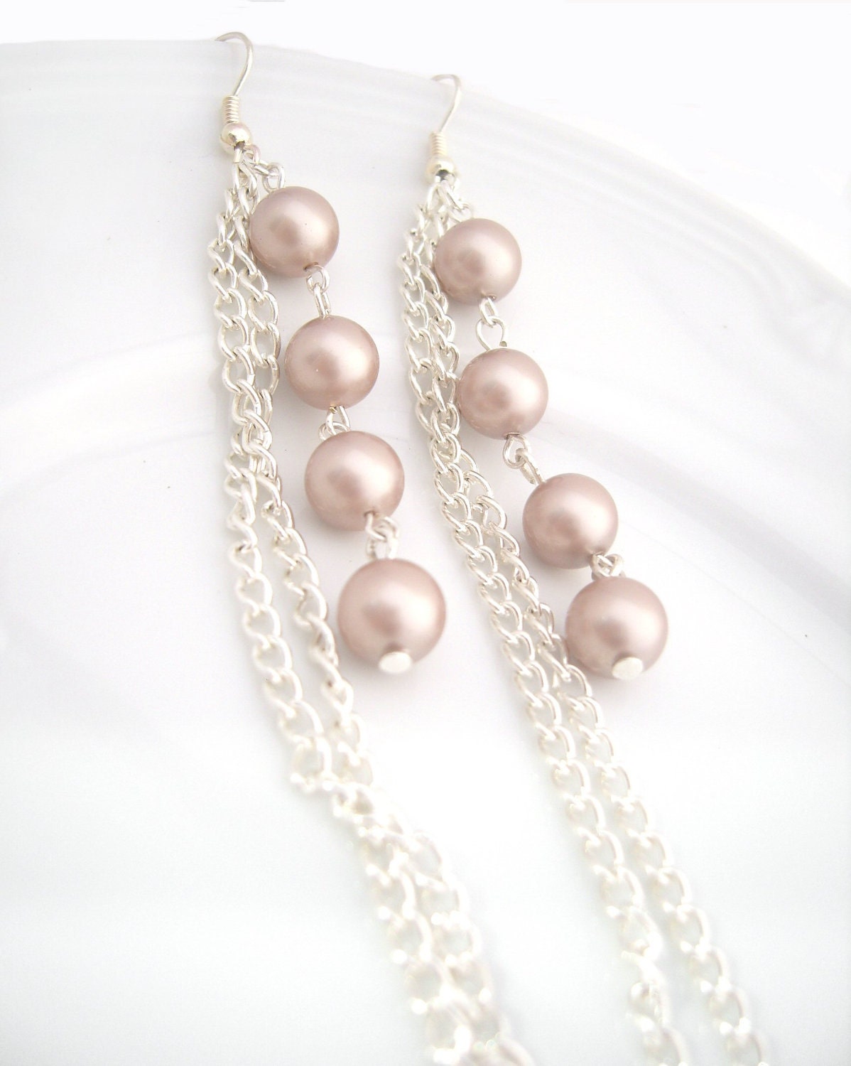 Swarovski Pearl Drop Earrings: Dusky Pink Pearl & Chain Dangly Earrings, Bridesmaids Jewelry