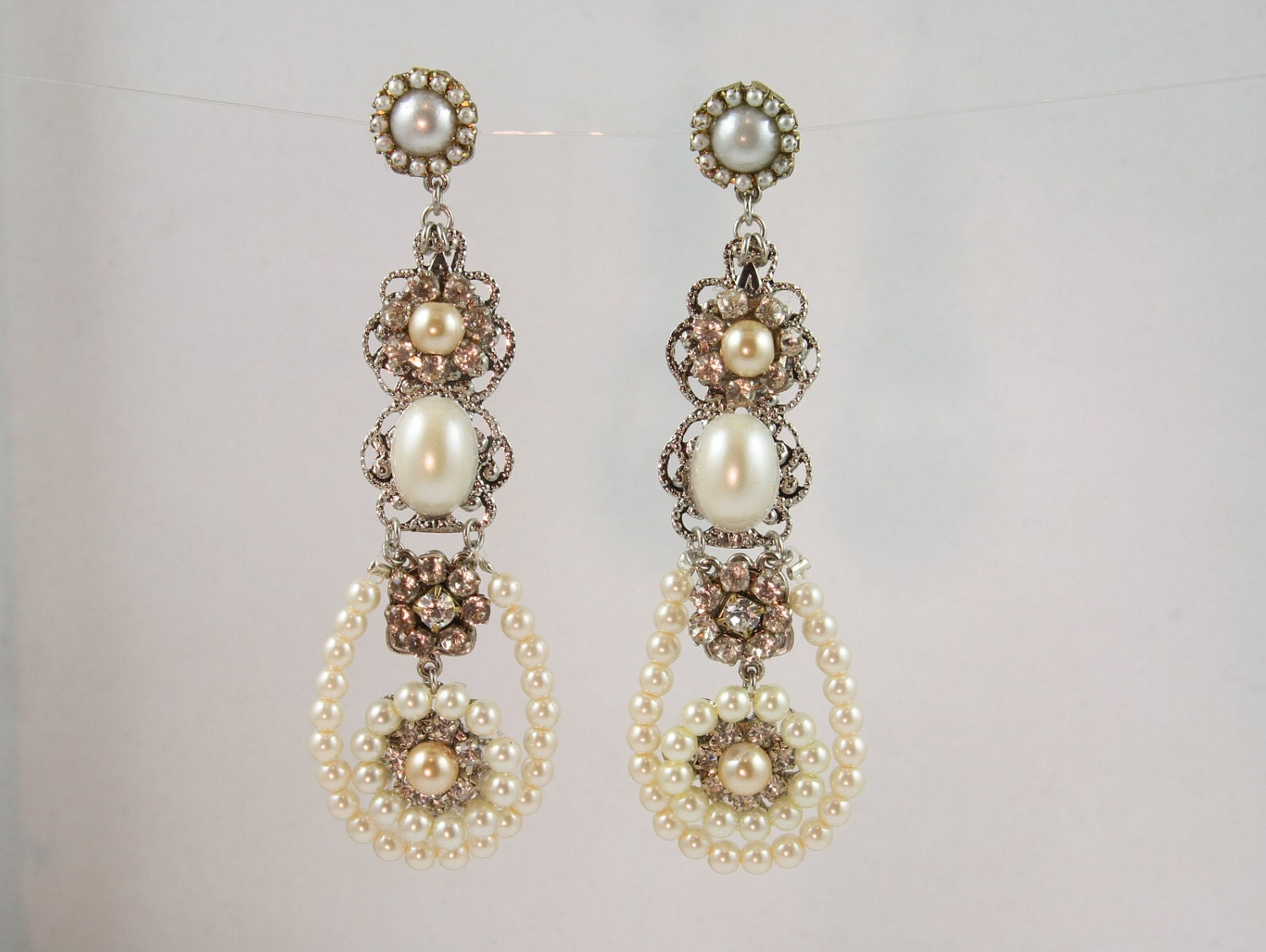 Bridal Chandelier Earrings,Golden Filigree and Swarovski Crystal Rhinestone and Pearl Chandeliers,Victorian Earrings,Ivory Cream Pearls