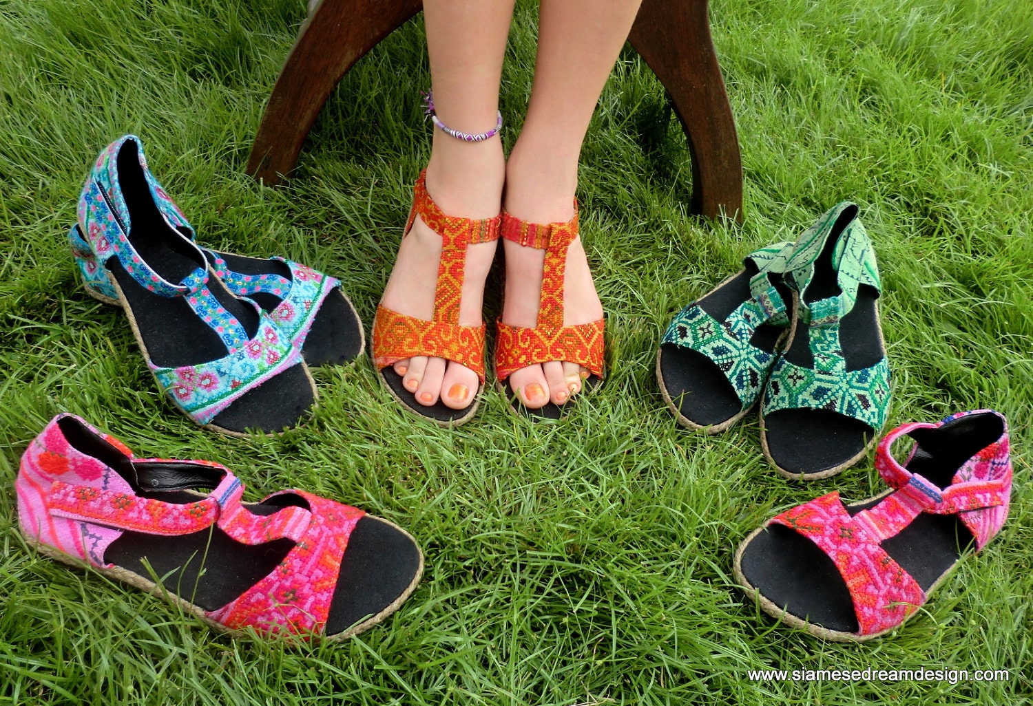 Hmong Embroidered Batik T-Strap Vegan Lindsay Sandal, Orange or Pink