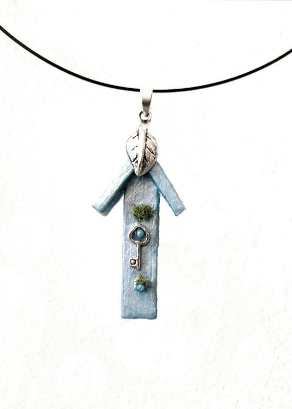 Blue Bird House Necklace, Pendant, Shabby, Handmade Jewelry
