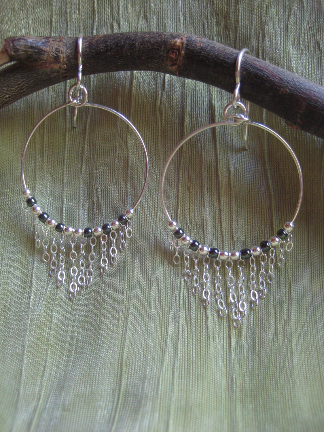 Earrings - Hoop with Dangle Sterling Silver Chain, Hematite, and Sterling Silver Beads  - Jewelry by Jyoti McCall