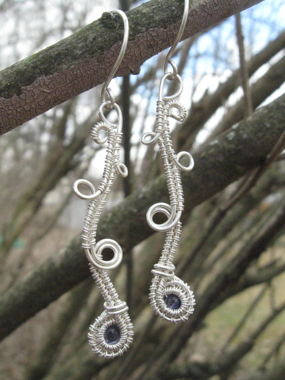 Wire Wrapped Iolite Vine Dangle Earrings in Sterling Silver