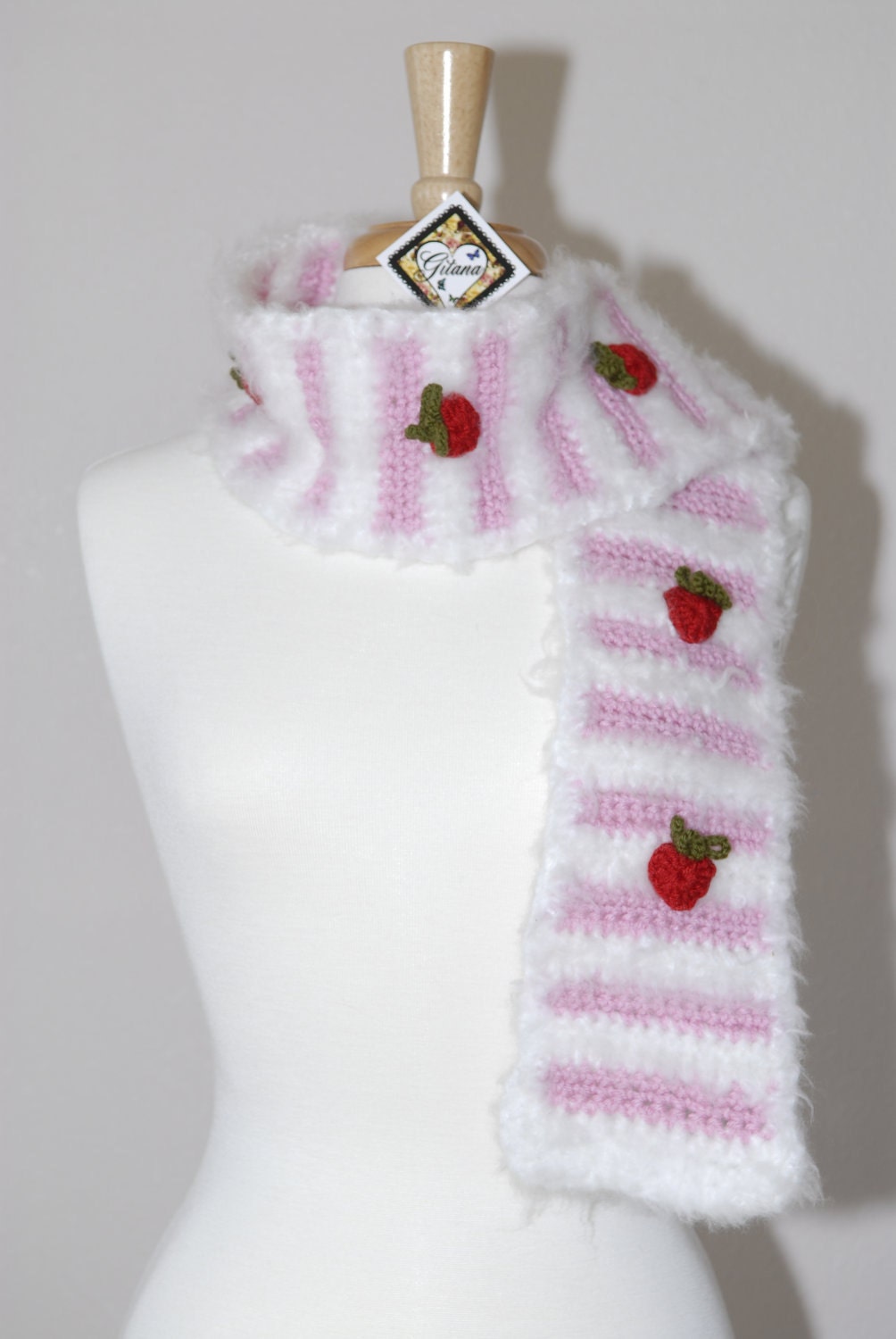 Crochet Scarf-Strawberry Short Cake Crochet Scarf- Strawberry Scarf- Food Scarf- Kawaii- Women Scarf- Unique Scarf