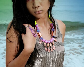 MorningDews, statement necklace, pastels rose gold iridescent, neon necklace, sea inspired, mermaid style, chunky OOAK statement necklace