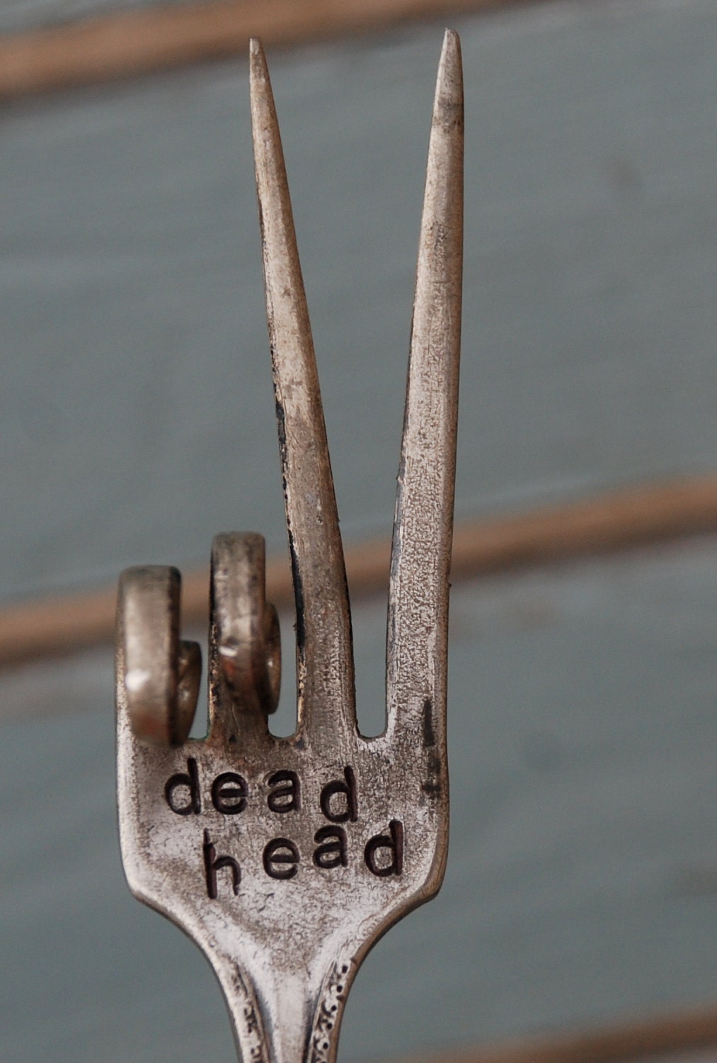 Dead Head hand stamped FORK peace sign Garden Art