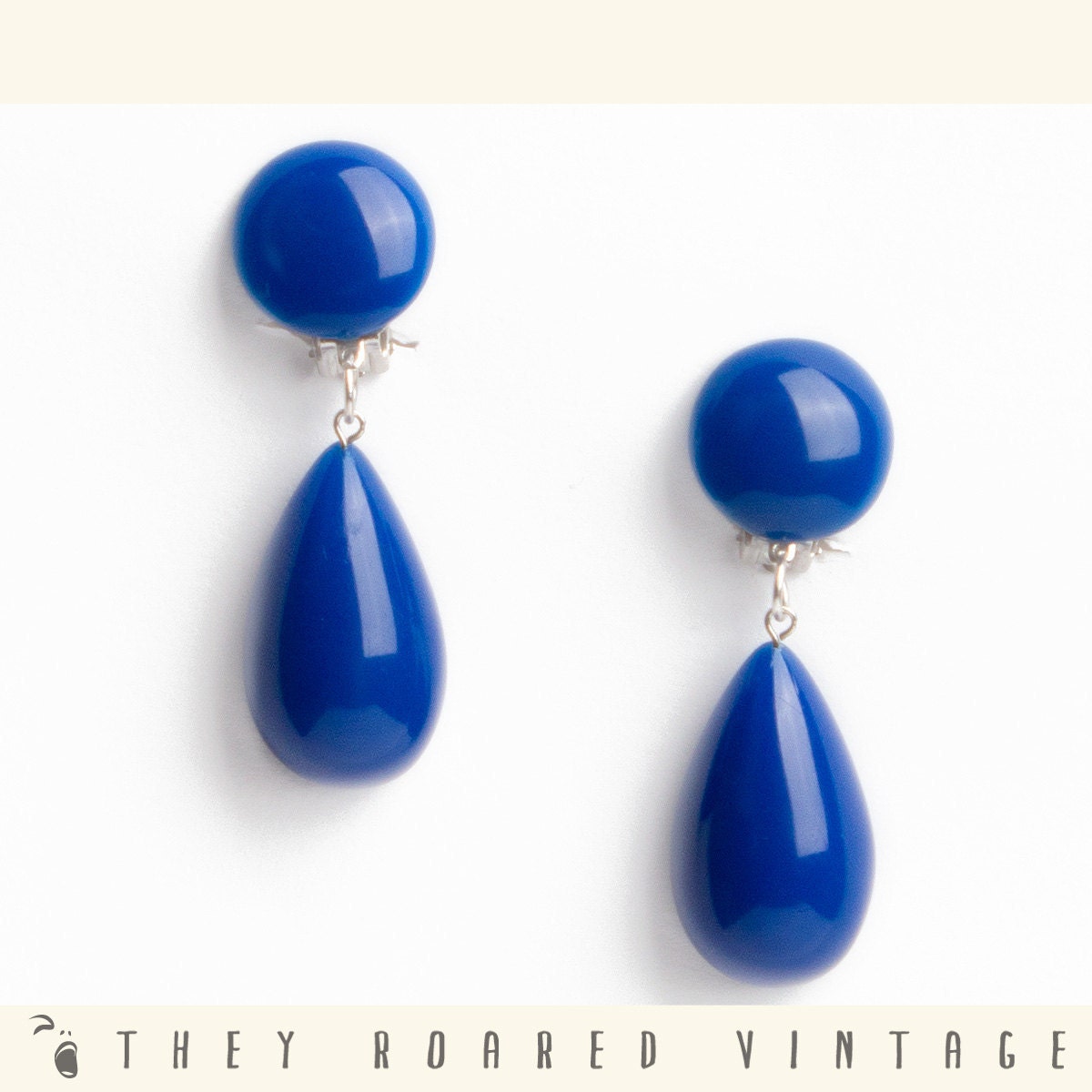 80s Vintage Clip-On Drop Earrings Blue Teardrop Mad Men