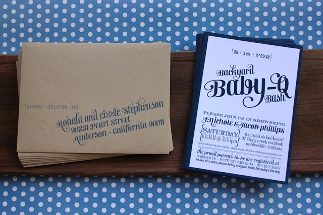 FULLY ASSEMBLED: Backyard Baby-Q Bash Shower Invitations - Available in Blue, Green and Coral Il_570xn