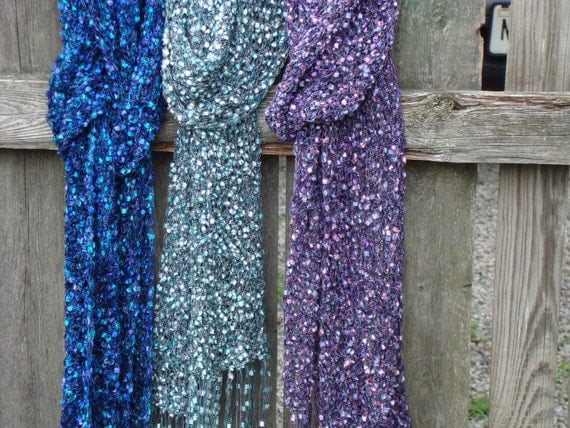 Knit Scarf Blue/Pink/ Green.Light.Spring/Summer.Ribbon Yarn.Fringed.Ladder.Stained Glass. Dressy. Gift.Ready to ship.