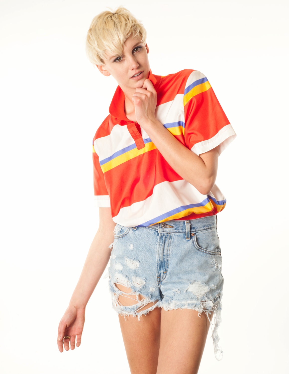 Spring Vintage Shirt 80's Bright  Orange Striped Multi Colored Collared Blouse Shirt. Orange/White