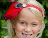 Custom Couture Red Peacock Feather and Rhinestone Infant Toddler Child Adult Lace Headband/ Peacock Feather Headband/ Photo prop