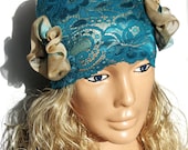 design Dark turquoise headband. Large lace headband. Dark turquoise and ivory. Womens Hair Accessory, headwrap, bandana, hairband