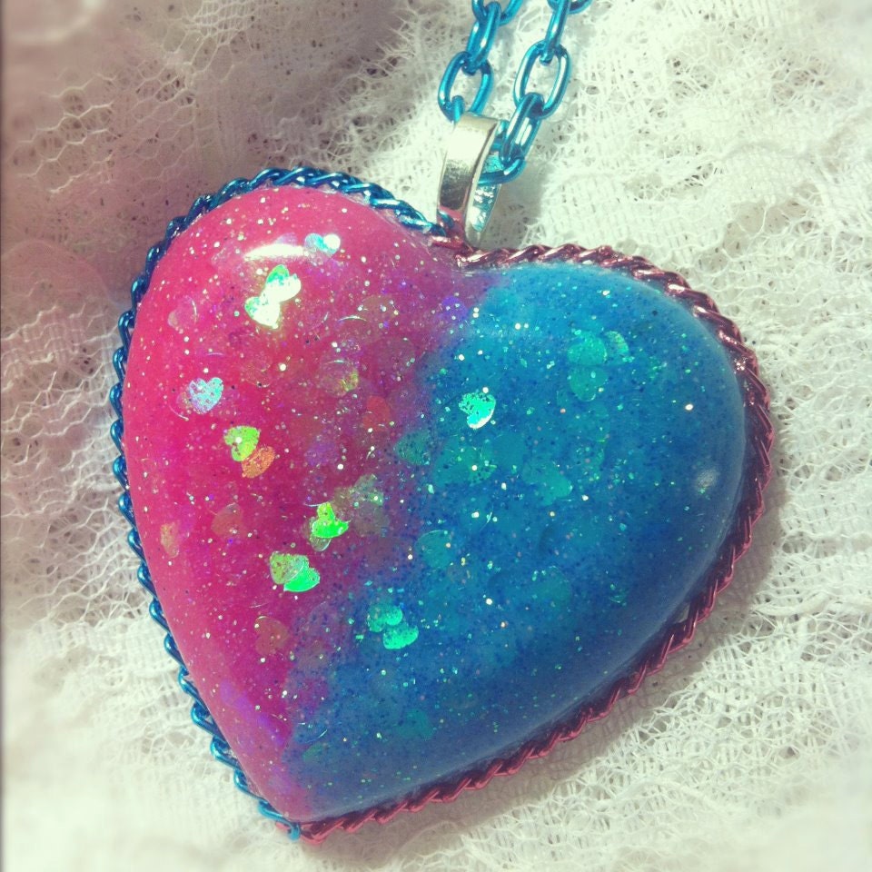 Sweet Tart Glitter Pink and Blue  Resin Heart Necklace