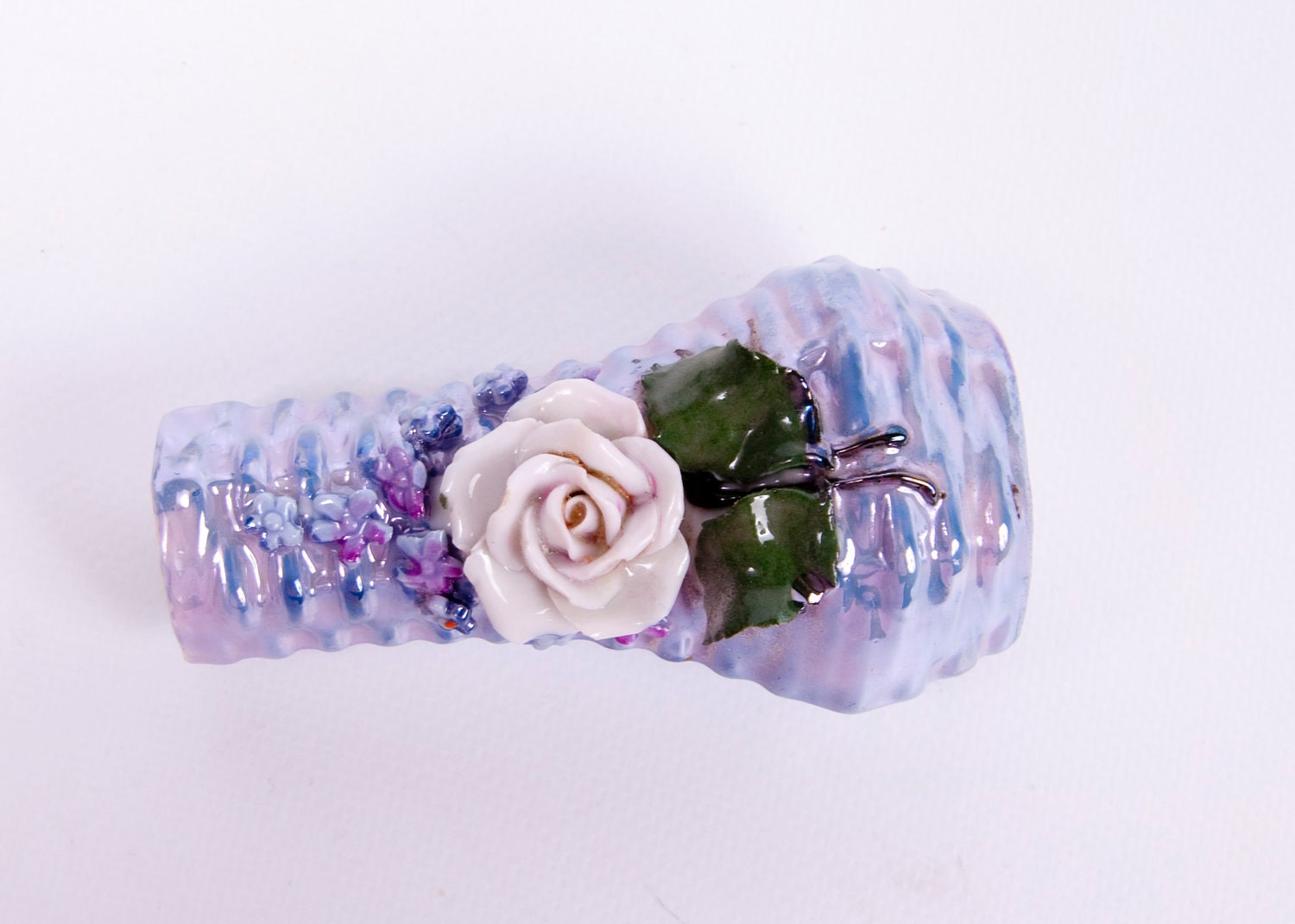 Vintage German Bud Vase Iridescent Porcelain Applied Flowers Blue Purple Pink Rose