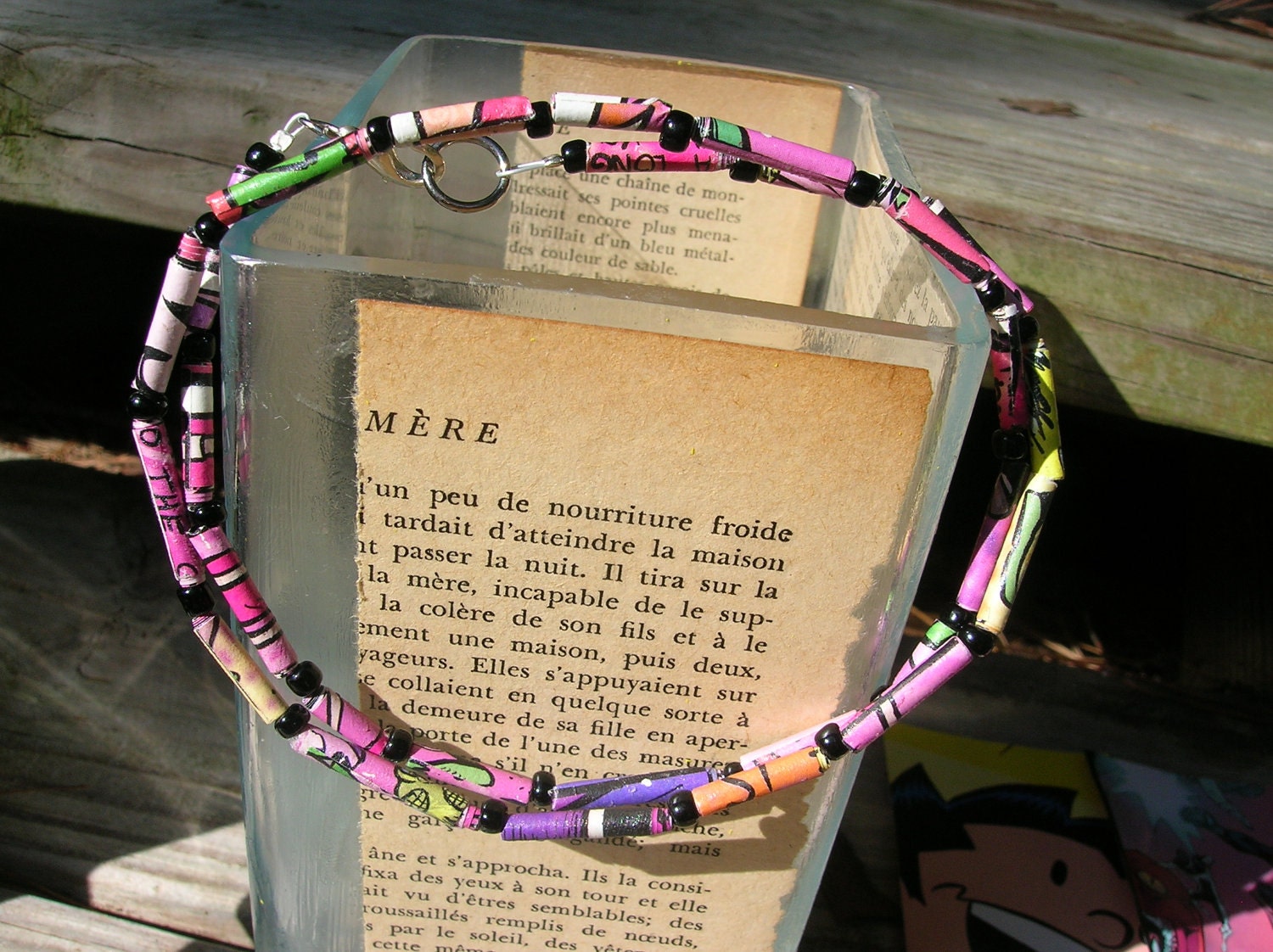 recycled handrolled comic book paper beaded necklace, quirky, geeky, ooak, pink and purple jewelry