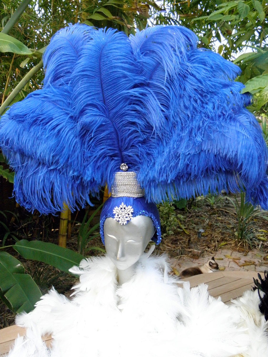 Showgirl Blue Feather Headdress Royal Blue Vegas by Hiddenglitz