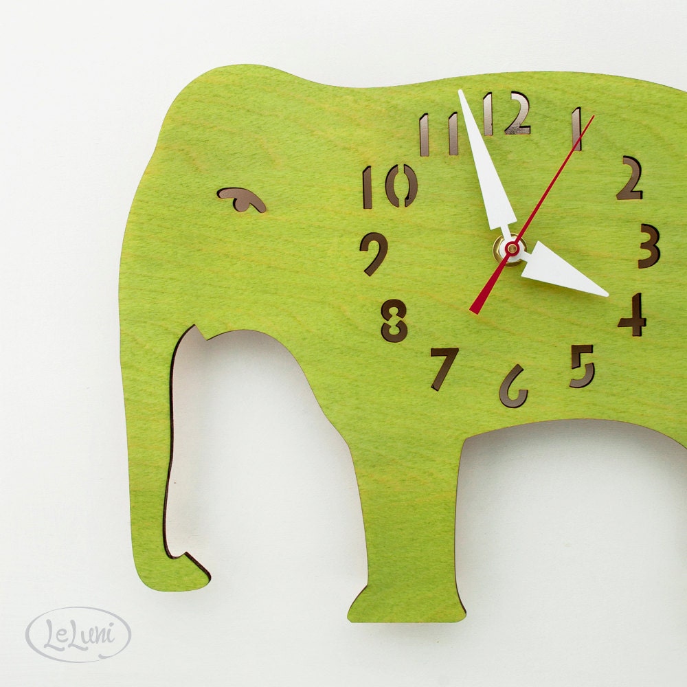 The "Big Lime Green Elephant" designer wall mounted clock from LeLuni