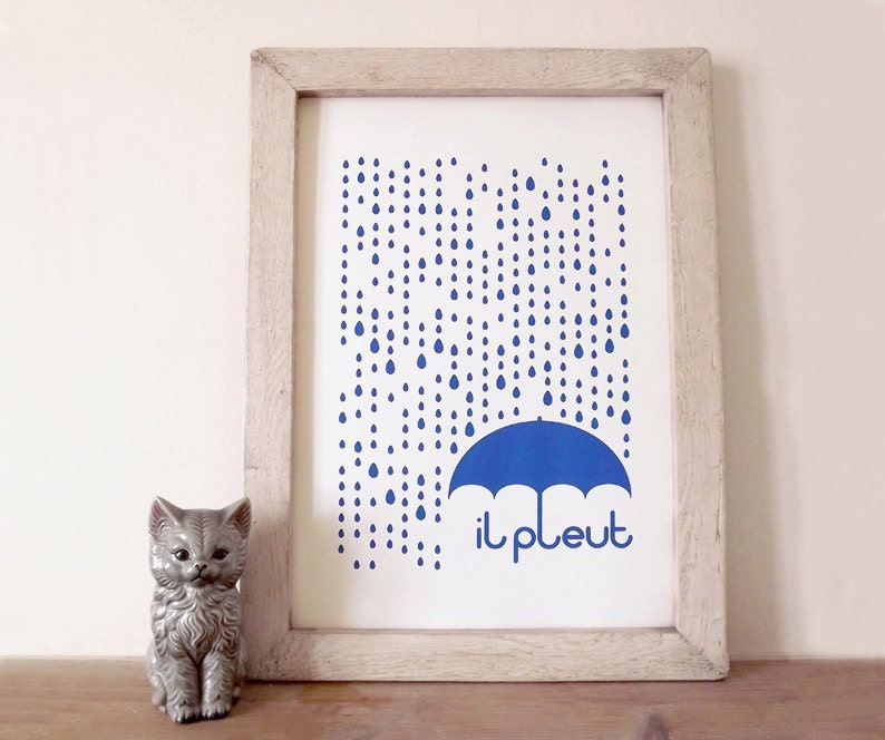 il pleut A3 Screenprint in Blue by hello DODO - rain, raindrops, umbrella, French
