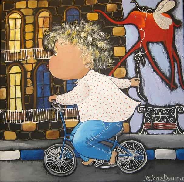 Kid Art children artwork boys artwork wall picture Print - 12x12" Boy on the bicycle - art baby, paintings for kids, kids bedroom themes