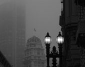 8x10 - Rain Without End - Modern Black and White Photo, Foggy City, Film Noir Inspired, Urban Art Decor, Street Lamp