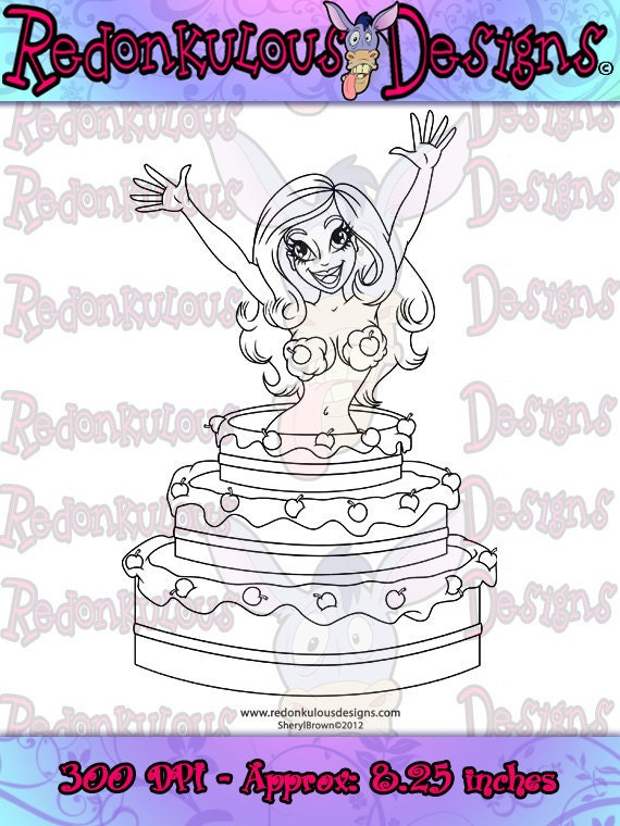 Digital Stamps - Birthday Cake Surprise Girl - Digital Image for Greeting Cards or Scrapbooking