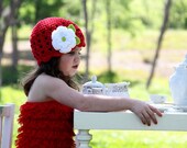 Girls Crochet Scalloped Beanie - Red White and Hot Green Hat
