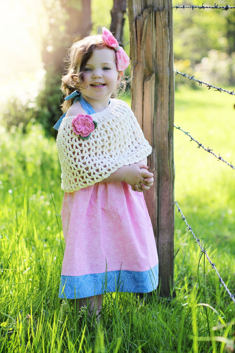 Girls Crochet Capelet Poncho Ivory with Pink Flower - Baby and Toddler