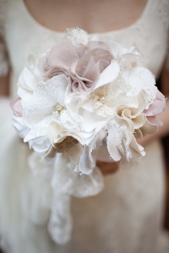 Fabric bridal bouquet, Rustic chic weddings, Fabric flower bouquet, Cotton magnolias, Lace flowers bouquet, Medium sized bouquet