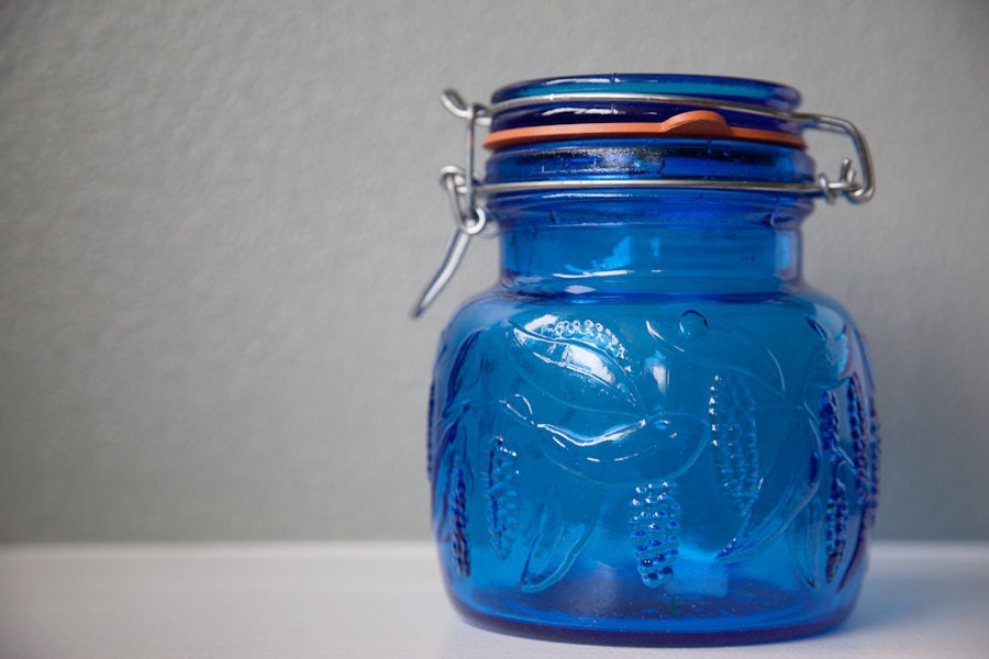 Blue Italian Glass Jar Grape Vine Pattern