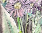 Purple daisies in vase. original matted, framed watercolor flower painting, any wall art kids wall decor children nursery room decor 9x12