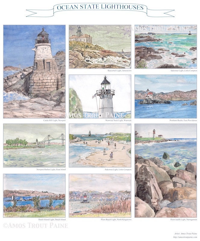 Fine art print glicee, 8.5x11 landscape print of Rhode Island lighthouses