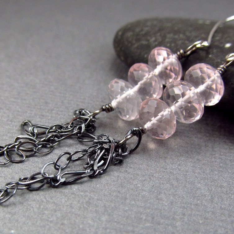 Bohemian Pink Gemstone Earrings - Antiqued Black Rose Quartz Bohemian Gypsy Oxidized Sterling Sivler Chain Goth Jewelry Ample Goddess