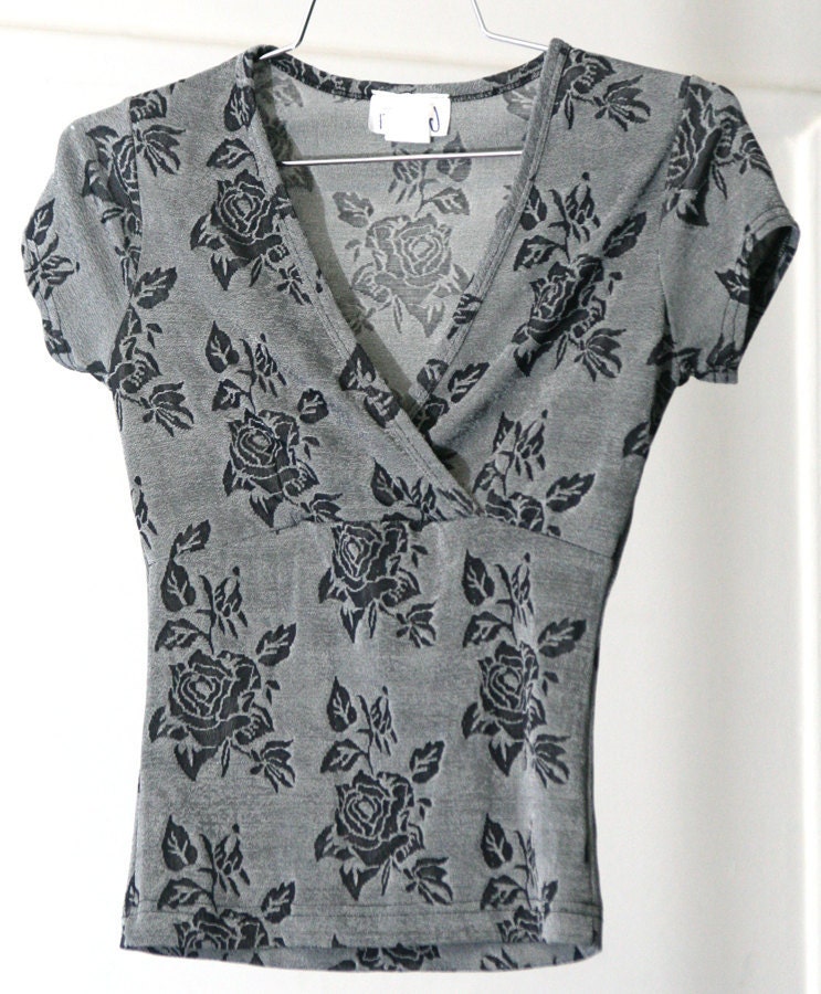 Stretchy Silvery Grey Rose Print Deep Plunge Neck 90s Shirt