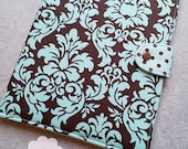 iPad cover, iPad2 Cover, or Ipad 3,  Ipad case - Book style- Aqua and Brown Damask with Aqua and Brown polka-dots- Made to order