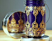 Hand Painted Mason Jar Lantern, Royal Purple Glass with Golden Detailing