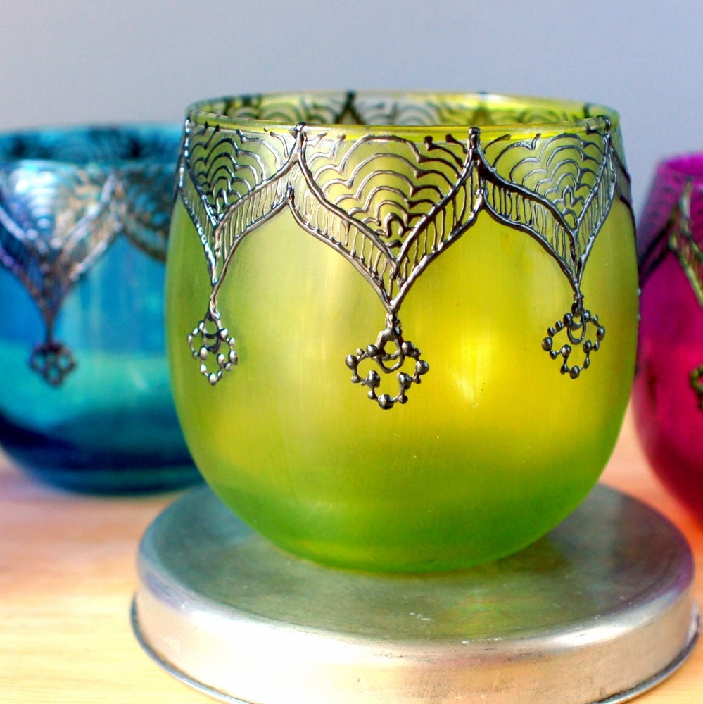 Moroccan Votive Holder with Canary Yellow Glass and Gunmetal Detailing
