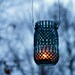 Custom Designed Blue Glass Mason Jar Lantern With Gunmetal Accents